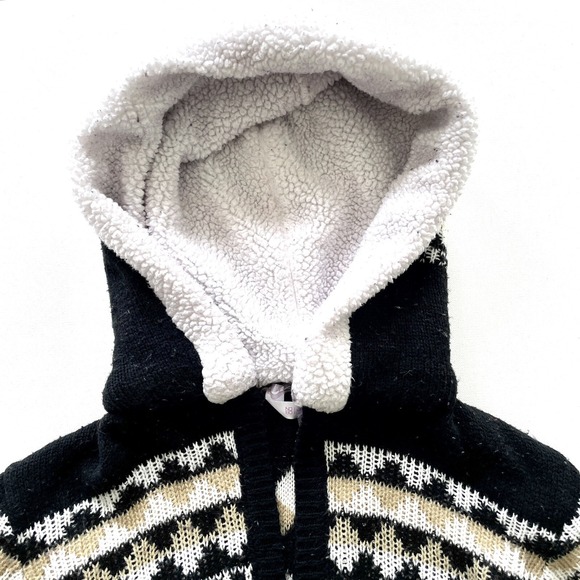No Boundaries Girls Sweater Large Sherpa Hood Cardigan Black Fair Isle Knit - Picture 4 of 15